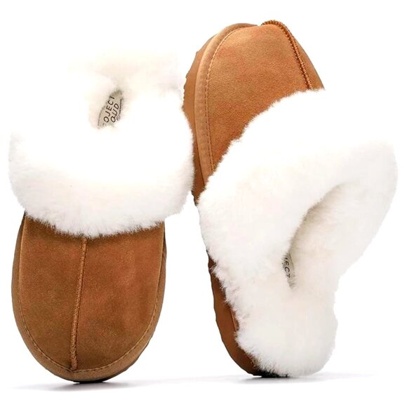 Genuine Leather Slippers with Fur Lining Memory Foam Insole Non-Slip Indoor